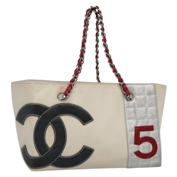 CHANEL Choco Bar COCO Mark Chain Hand Bag Canvas Beige Silver CC Auth BA4601 - Picture 1 of 16